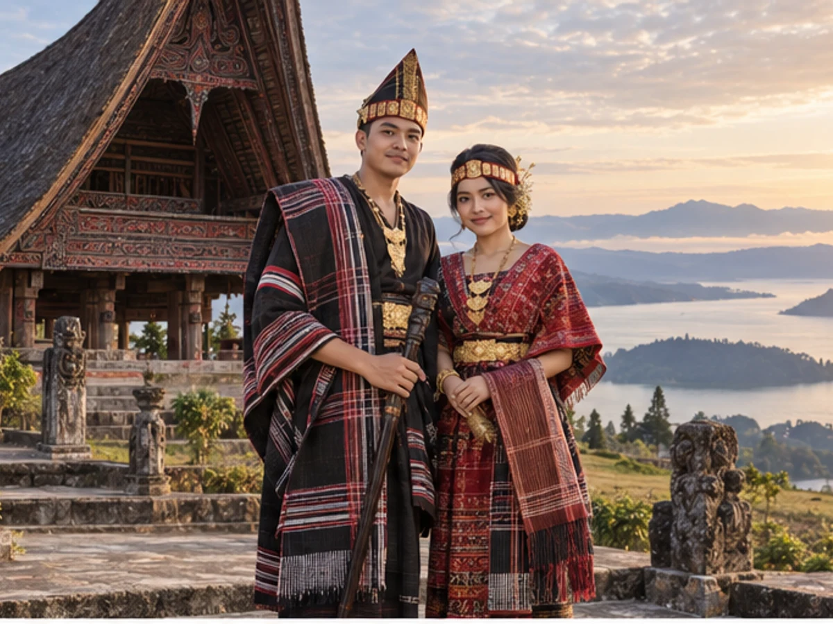 Damar dan Aruna di depan Rumah Bolon