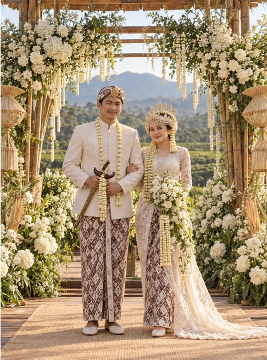 Damar dan Aruna di bawah dekorasi bambu dan bunga